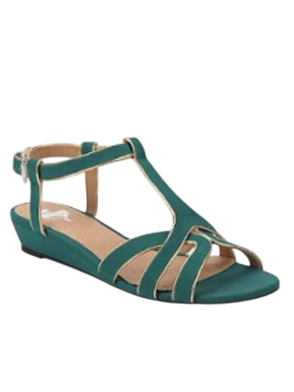 Kimchi Blue Teal T-Strap Wedge Sandals Gold Trim Ankle Strap Boho Chic Sandals 6